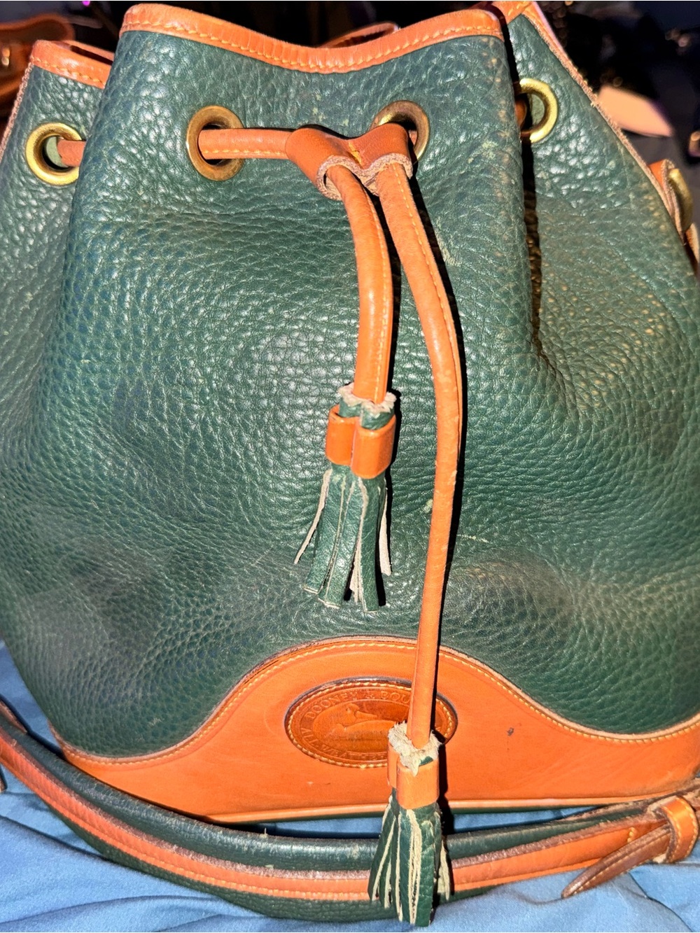 Vintage Dooney & Bourke Green and Tan Pebbled Leather Drawstring Bucket Bag